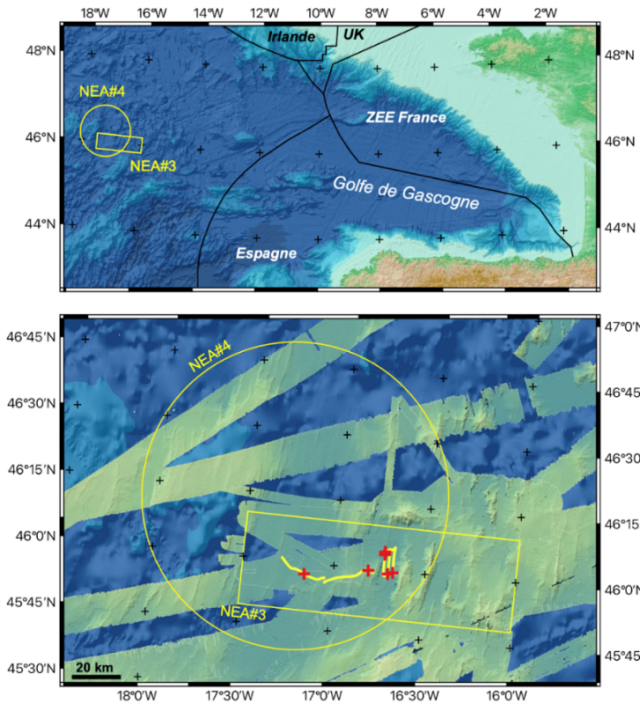 Zones d��immersion de f?ts radioactifs (NEA#3 et #4) dans l��Atlantique Nord-Est (haut) et localisation des 6 f?ts observ��s par Epaulard en 1985 (bas). ? Projet NODSSUM, 2025
