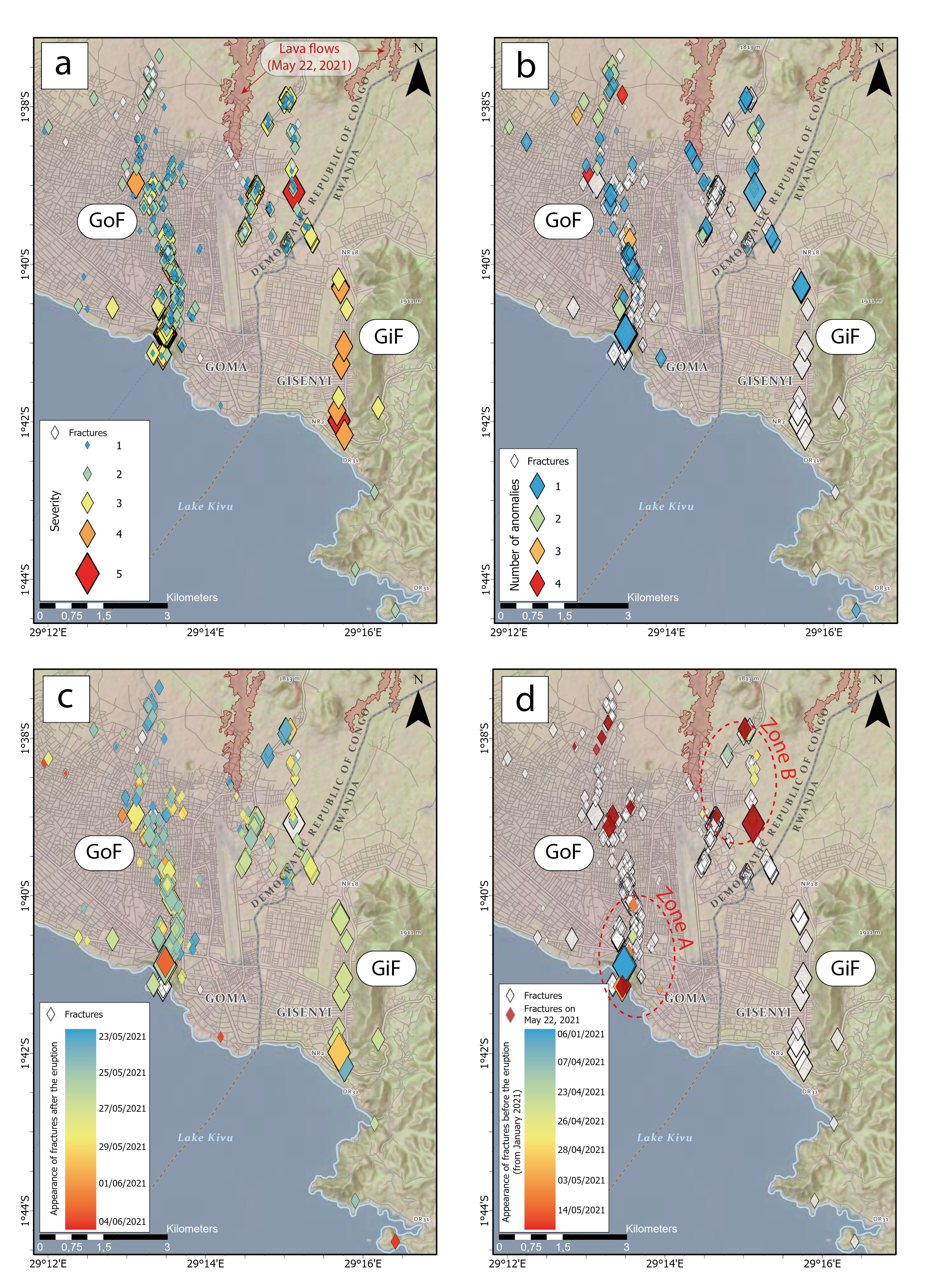 Figure : Cartographie des fractures dans les villes de Goma et de Gisenyi (avant, pendant et apr��s l����ruption du Nyiragongo le 22 mai 2021) issue de la mise en place d��un syst��me participatif.